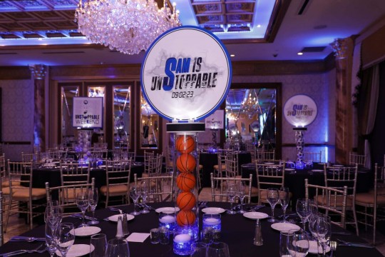 LED Sports Themed Logo Centerpiece on Basketball Cylinder for Sports Themed Bar Mitzvah