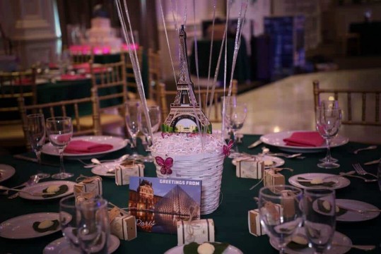 Travel Themed Hot Air Balloon Centerpiece with Themed Cutout Photo in Basket