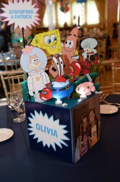 Comic Themed Photo Cube Centerpiece with Themed Toppers