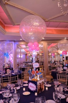 Comic Themed Photo Cube Centerpiece with Themed Toppers & LED Sparkle Balloons