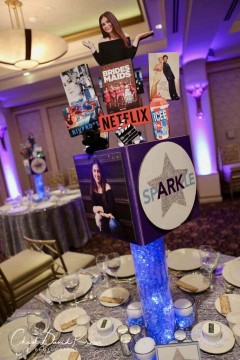 Netflix Themed Centerpiece with Photo Cutouts & Props on LED Base for Everything Girl Themed Bat Mitzvah
