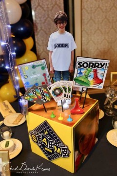 Sorry Themed Centerpiece with Custom Cutouts & Game Pieces for Game Themed Bar Mitzvah
