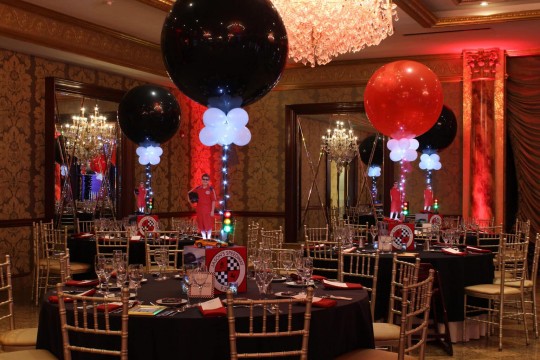 Car Themed Centerpieces with Alternating Black & Red Balloons & Lights