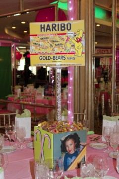 Candy Themed Photo Cube Centerpiece with Pedestals, Candy Signs & Candy Filler