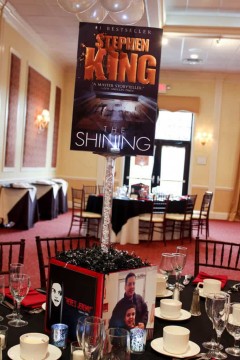 Horror Book Themed Bar Mitzvah Centerpiece with Book Covers & Custom Logo