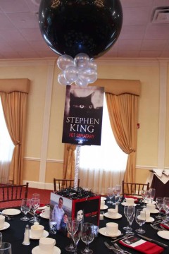 Horror Book Themed Bar Mitzvah Centerpiece with Book Covers & Custom Logo