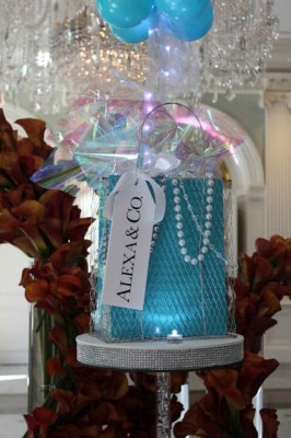 Tiffany Themed Shopping Bag Centerpiece with Pearls & Custom Tag