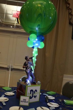 Music Themed Bar Mitzvah Centerpiece with Lime Green Marble Balloon & Lights