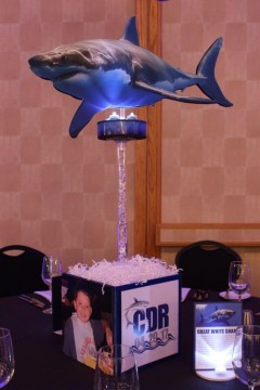 Shark Themed Centerpiece with Custom Logo & Blowup Sharks