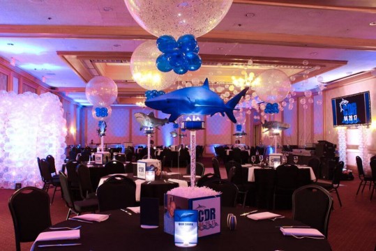 Shark Themed Centerpieces with Blowup Sharks & Sparkle Balloons