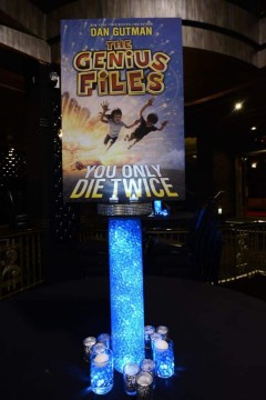 Book Themed Centerpiece with Blowup Book Cover on LED Base