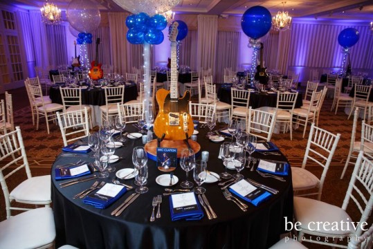 Guitar Centerpiece with 36" Balloons, Lights & Custom Table Signs