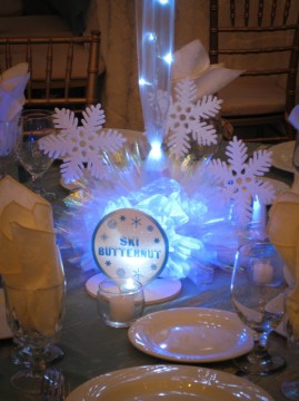 Winter Themed Centerpiece with Snowflakes & Custom Table Sign