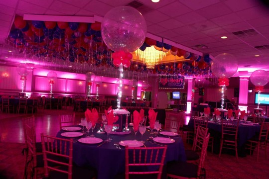 Hot Pink Uplighting, Loose Ceiling Balloons & Sparkle Balloons Centerpieces at Town & Country Caterers