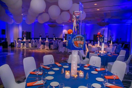 Royal Blue Uplighting for Basketball Themed Bar Mitzvah at the Renaissance Westchester Hotel