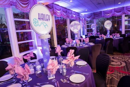 Lavender LED Uplighting with LED Logo Centerpieces at Eagles Nest, NY