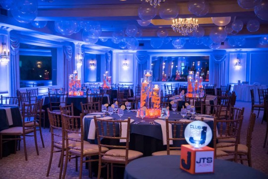Club Themed Bar Mitzvah with Blue LED Uplighting & Orange Orchid Centerpieces
