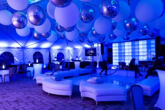 Blue LED Uplighting with White & Silver Ceiling Balloons & Custom Lounge Setup for Bat Mitzvah at Falco's Catering