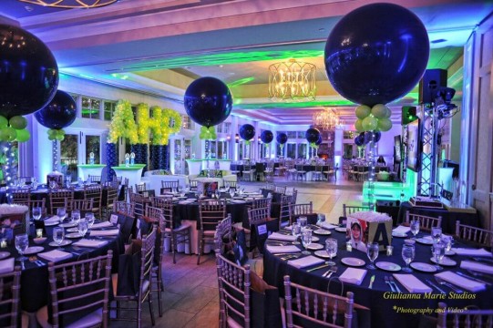 Blue LED Uplighting for Navy & Lime Themed Bar Mitzvah at Indian Trail Club
