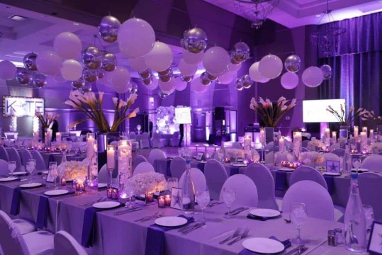 Lavender Uplighting with LED Floral Centerpieces & Silver and White Ceiling Balloon Treatment for Bat Mitzvah at Kol Ami, White Plains