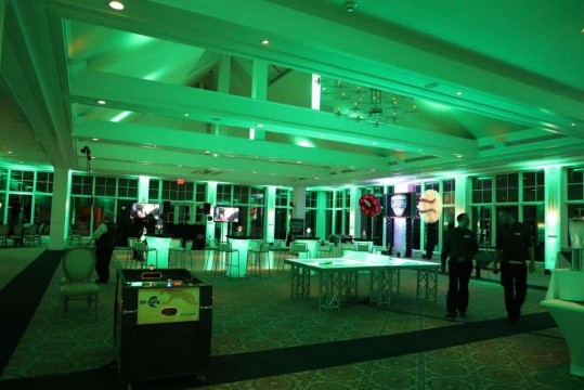 Green LED Uplighting for Sports Themed Bar Mitzvah at Beach Point Club, NY