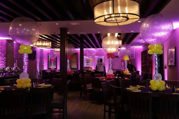 Hot Pink Uplighting with LED Sparkle Balloon Centerpieces for Bat Mitzvah at Park West Loft, NJ