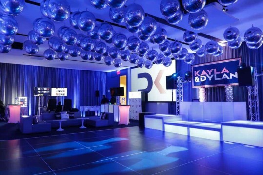 Royal Blue Uplighting with Metallic Silver Orbz Ceiling Treatment for B'nai Mitzvah at Apella, NYC