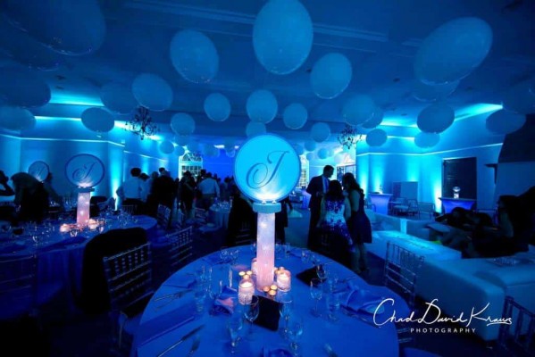 Turquoise Uplighting with LED Logo Centerpieces and Giant White Ceiling Balloons at Temple Shaaray Tefila, Bedford