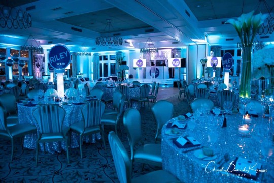 Turquoise LED Uplighting with LED Logo Centerpieces for Bat Mitzvah at Willow Ridge Country Club, NY