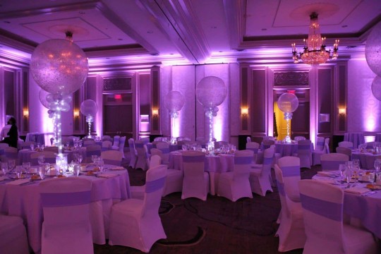 Lavender LED Uplighting with Sparkle Balloon Centerpieces at the Hilton Woodcliff Lake, NJ