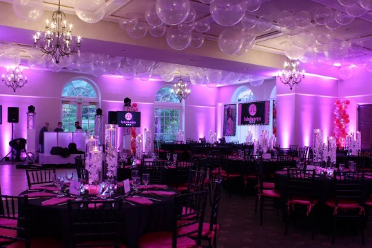 Hot Pink Uplighting with LED Orchid Centerpieces at Shaaray Tefila, Bedford