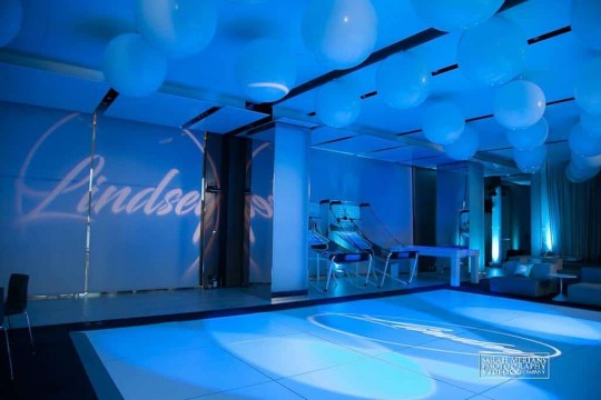 Turquoise LED Uplighting for Club Themed Bat Mitzvah at Apella, NYC