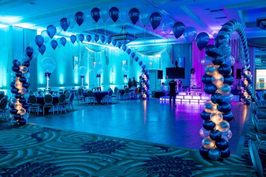 Turquoise LED Uplighting with Balloon Gazebo over Dance Floor at the Doubletree Hotel, Tarrytown