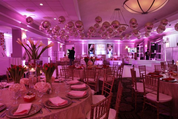 Hot Pink Uplighting with Metallic Gold Ceiling Balloons for Bat Mitzvah at Cedar Hill Country Club