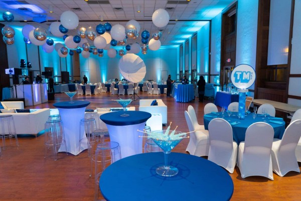 Turquoise Blue Uplighting with LED Lounge & Ceiling Balloon Treatment at Temple Israel Center, White Plains