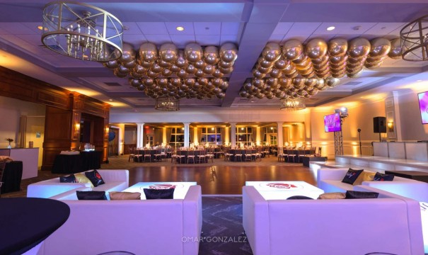Gold Uplighting with Metallic Orbz Ceiling Treatment & LED Lounge Setup at Paramount Country Club