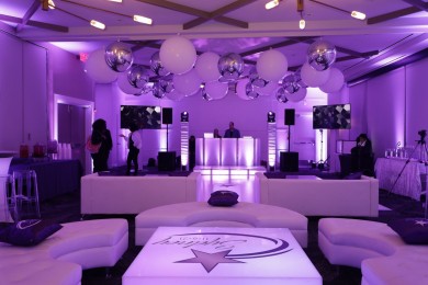 LED Lavender Uplighting with Custom Lounge Setup and Large Balloons and Orbz Ceiling Treatment for Bat Mitzvah at Hotel Zero Degrees in Danbury, CT