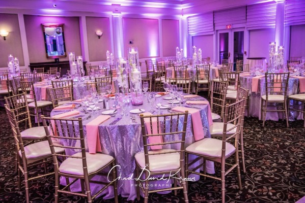 Lavender LED Uplighting with Orchid Centerpieces for Bat Mitzvah Party at Hampshire Country Club