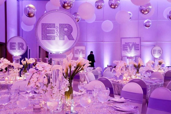 Club Themed Bat Mitzvah with Lavender Uplighting & LED Logo Centerpieces at Temple Israel Center, White Plains