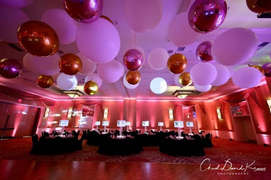 Fashion Themed Bat Mitzvah with Balloon Ceiling Treatment and Rose Gold Uplighting at the Double Tree Hotel, Tarrytown