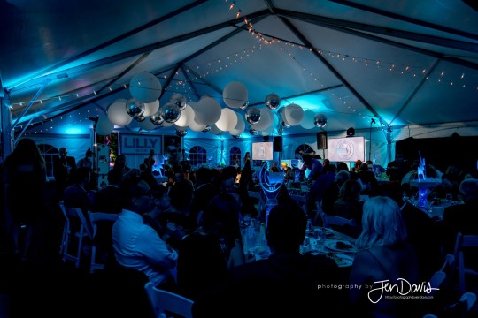 Light Blue LED Uplighting and Large Balloons with Orbz Ceiling Treatment for Tent Party Bat Mitzvah